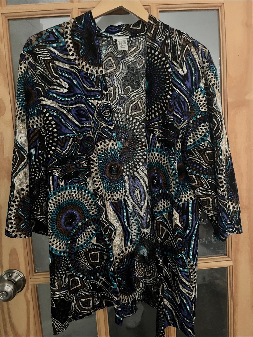 Chico's lace cardigan 3/4 sleeve teal, tan, blue brown abstract print